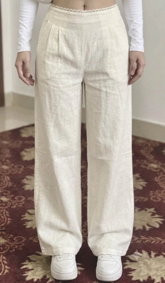 Women’s High-Waist White Linen Wide-Leg Trousers with Lace Waistband Detail